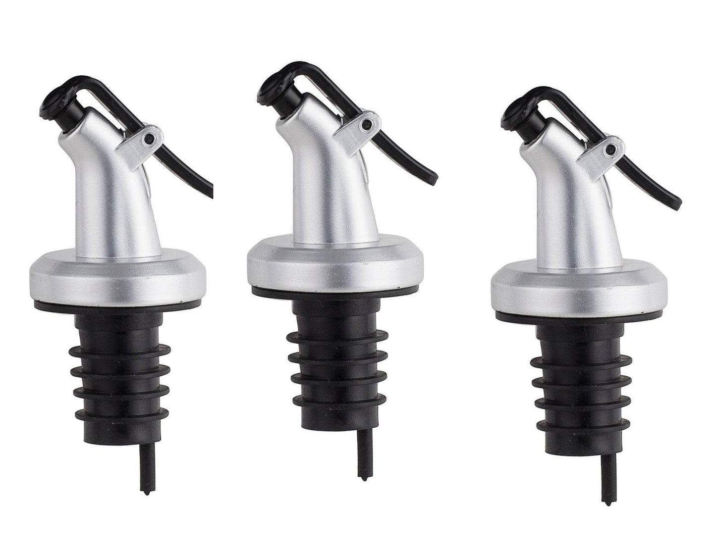 ELLORA FARMS silver chef pourer bottle spouts with black snap-on lids for controlled oil and vinegar dispensing.