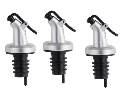 ELLORA FARMS silver chef pourer bottle spouts with black snap-on lids for controlled oil and vinegar dispensing.