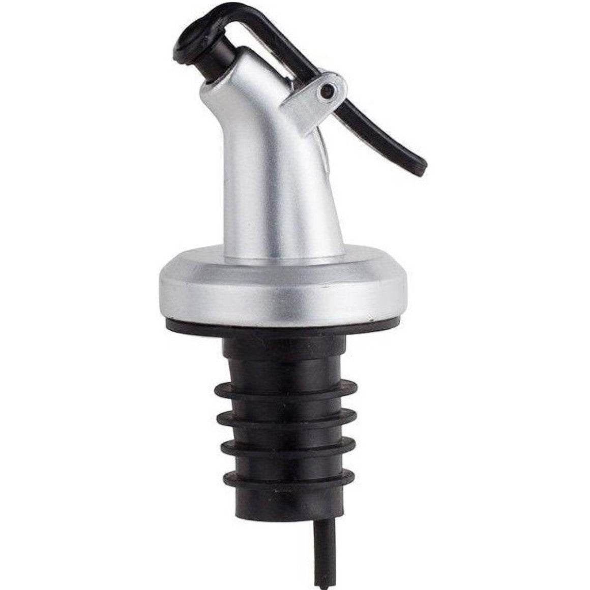 ELLORA FARMS silver chef pourer bottle spout with a black snap-on lid for controlled oil and vinegar dispensing.