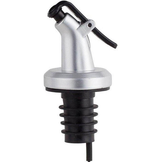 ELLORA FARMS silver chef pourer bottle spout with a black snap-on lid for controlled oil and vinegar dispensing.