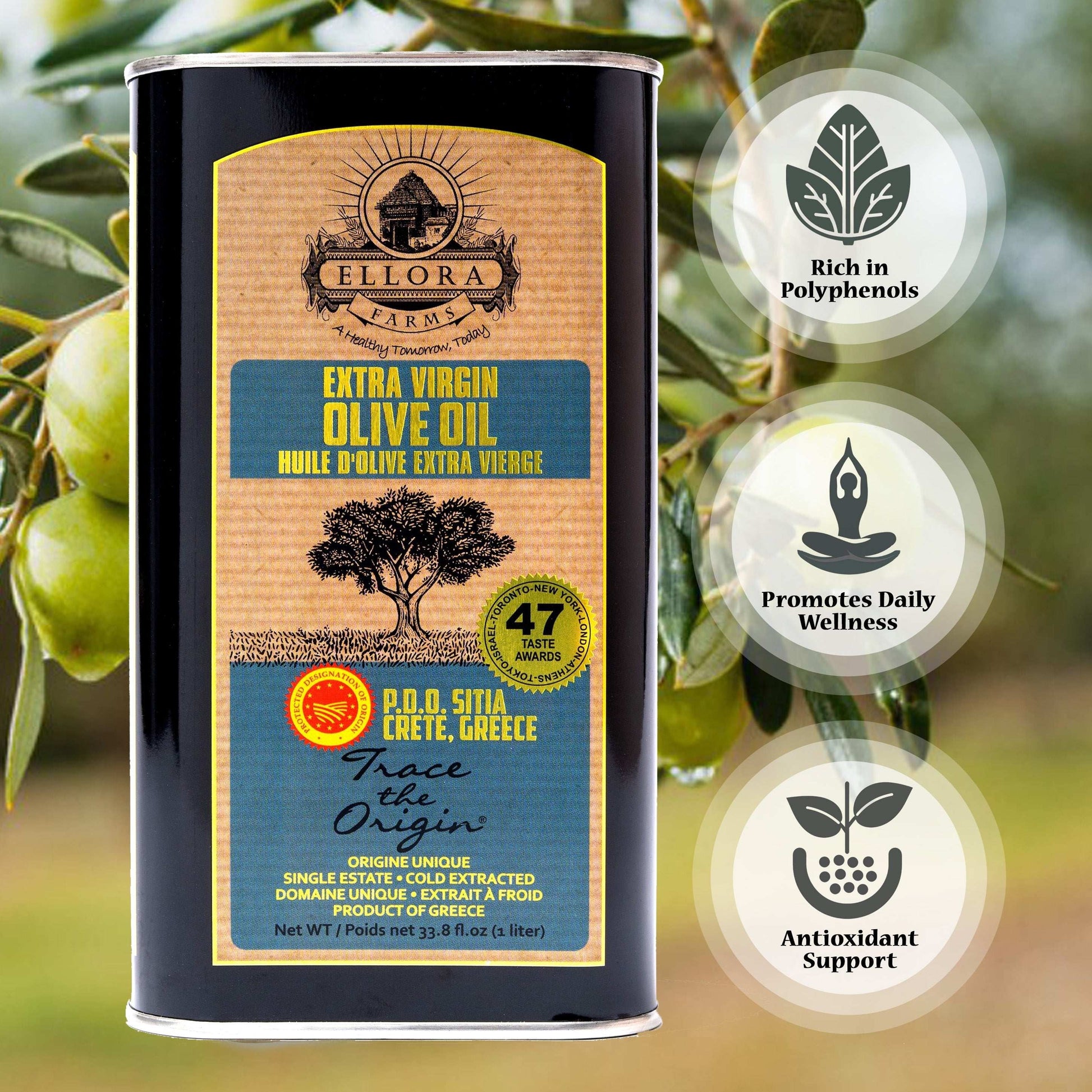 ELLORA FARMS 1-liter tin of PDO Sitia extra virgin olive oil from Crete, featuring organic and cold-pressed quality.